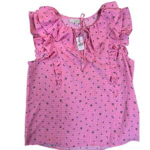LOFT Pink Floral Ruffle Tie Neck Blouse Size M NWT